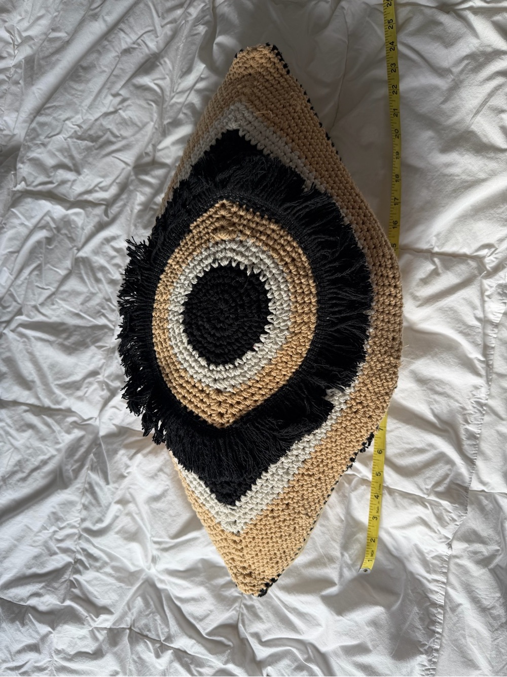 Handwoven Round Fringe Pillow Cover in Black, Cream & Tan